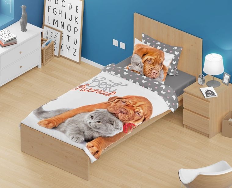 Best Friends, Caine si pisica, set lenjerie de pat single, 140-200 cm