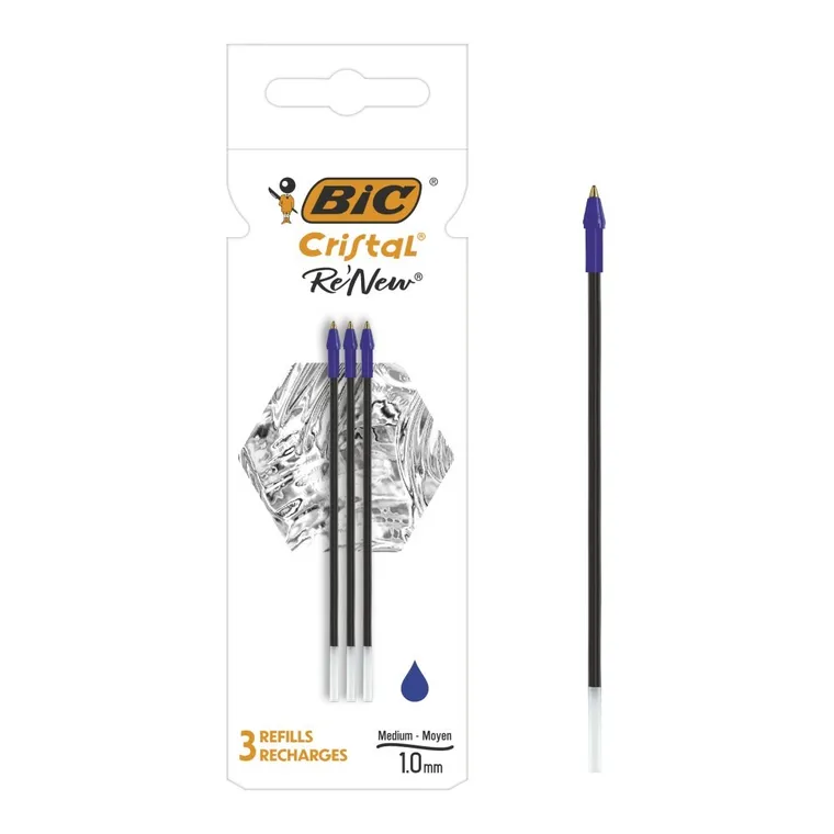 Bic, Cristal Re'new Metal, rezerva pix, albastru, 3 buc.