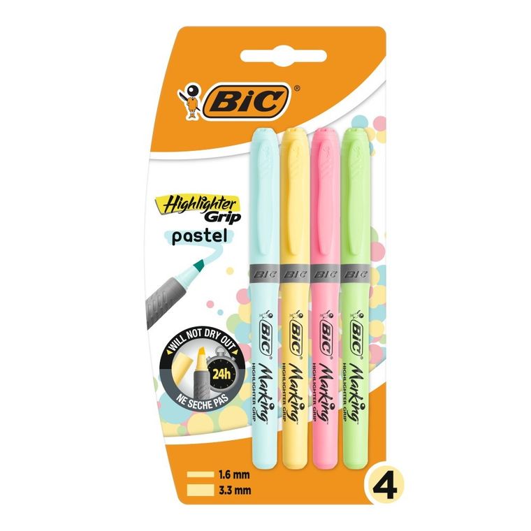 Bic, Highlighter Grip Pastel, marker evidentiator, 4 buc.