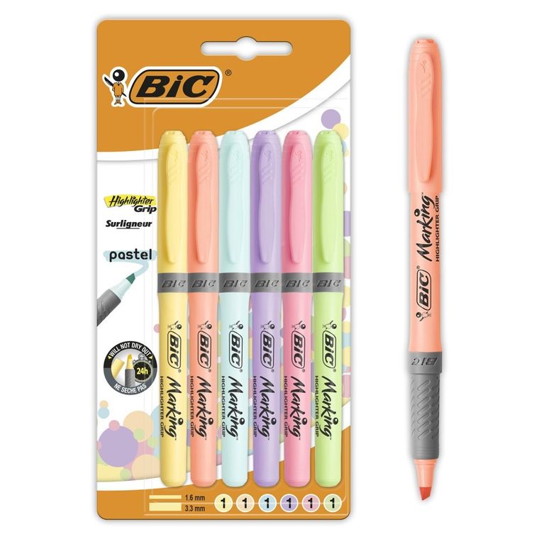 Bic, Highlighter Grip Pastel, marker evidentiator, 6 buc.