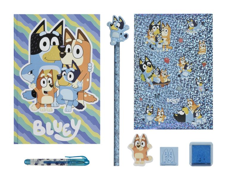 Bluey, set creativ cu bloc de notite, penita, stilou, stampila si autocolante