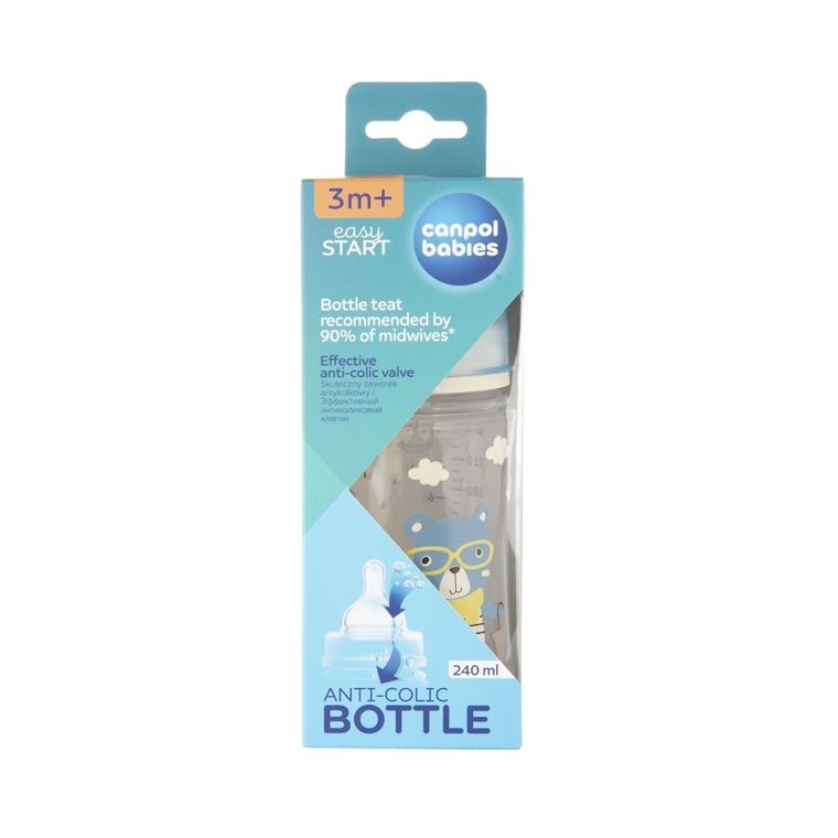 Canpol babies, EasyStart, Bonjour, biberon cu gatul larg, albastru, 3m+, 240 ml