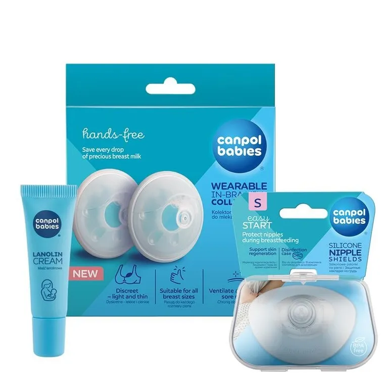 Canpol babies, set de sustinere pentru mamele care alapteaza: cupe colectoare tip scoica, protectii din silicon pentru sani marimea S, unguent cu lanolina