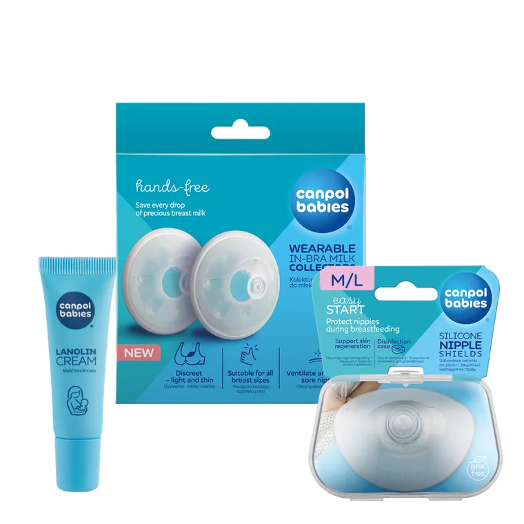 Canpol babies, set de sustinere pentru mamele care alapteaza: cupe colectoare tip scoica, protectii din silicon pentru sani marimile M/L, unguent cu lanolina
