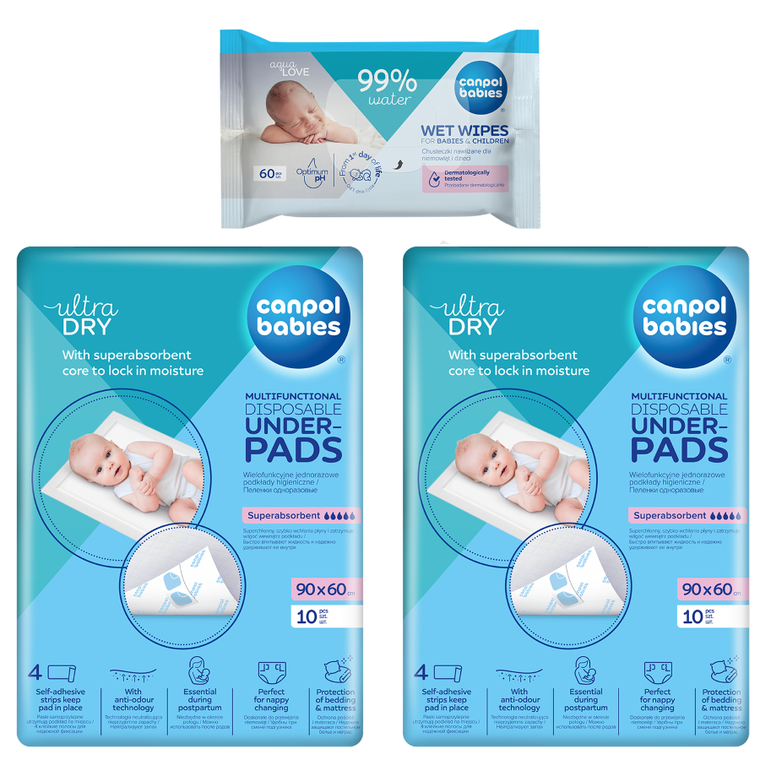 Canpol babies, set: tampoane sanitare multifunctionale, 90-60 cm, 2 buc. + servetele umede, 60 buc.