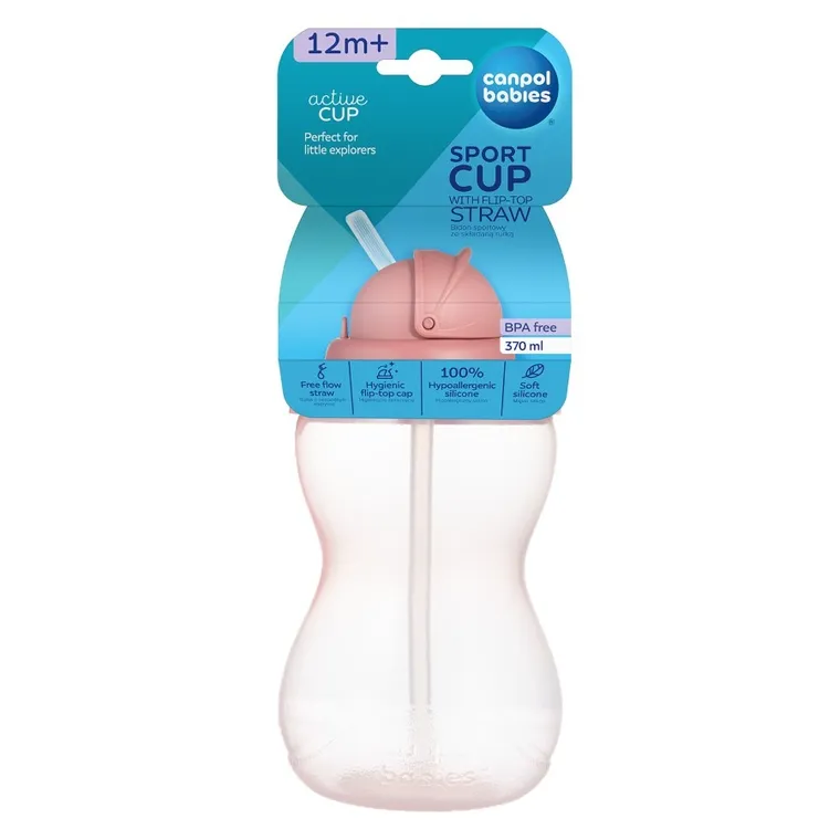 Canpol babies, sticla cu pai pliabil din silicon, roz, 370 ml