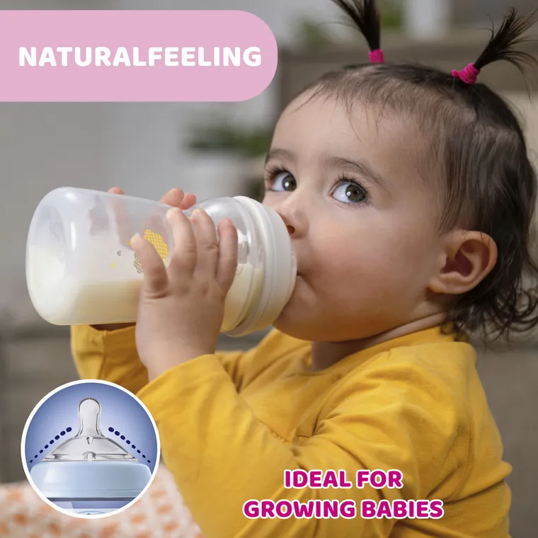 Chicco, NaturalFeeling, sticla din plastic, debit medium, albastru, 6 luni+, 330 ml