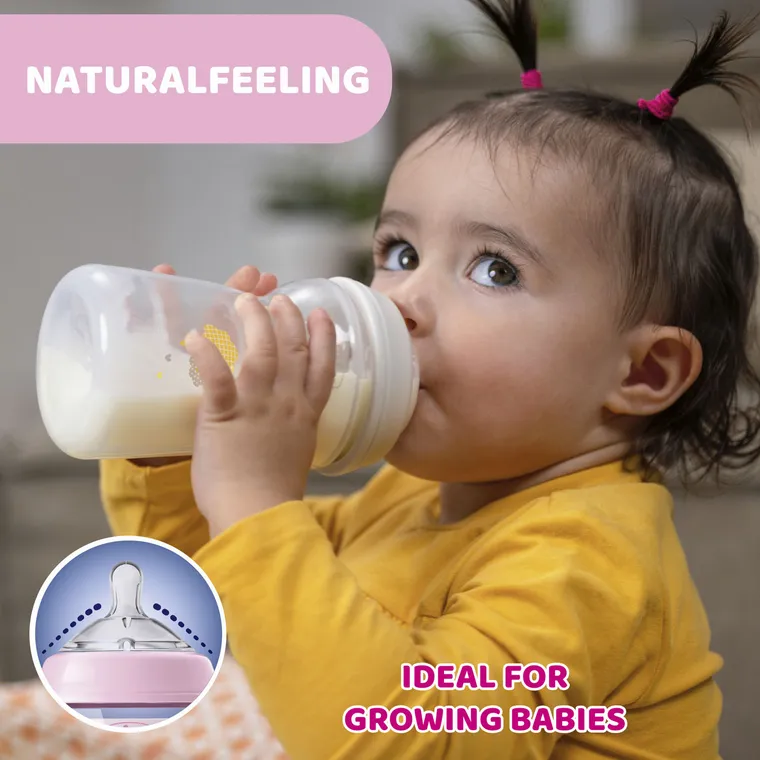 Chicco, NaturalFeeling, sticla din plastic, debit medium, roz, 6 luni+, 330 ml