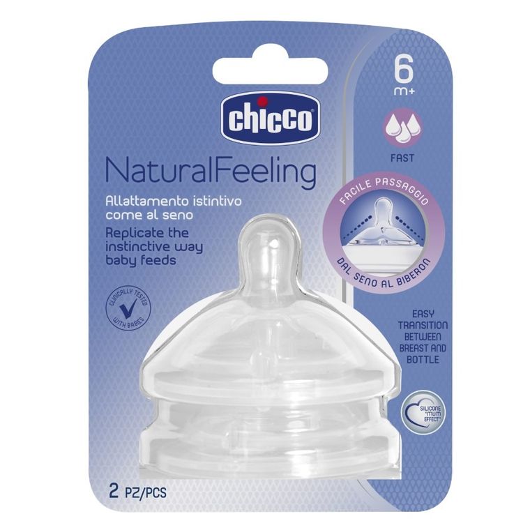 Chicco, NaturalFeeling, tetina pentru biberon, debit rapid, 6 luni+, 2 buc.