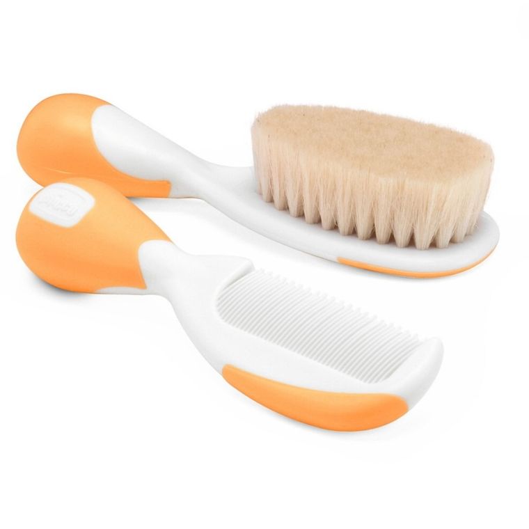 Chicco, perie si pieptene din fire naturale, portocaliu, 0 luni+