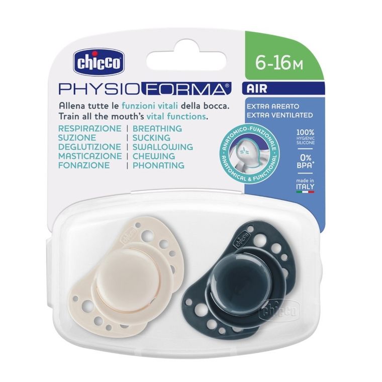 Chicco, Physioforma Air, suzeta din silicon, albastru, 6-16m, 2 szt.