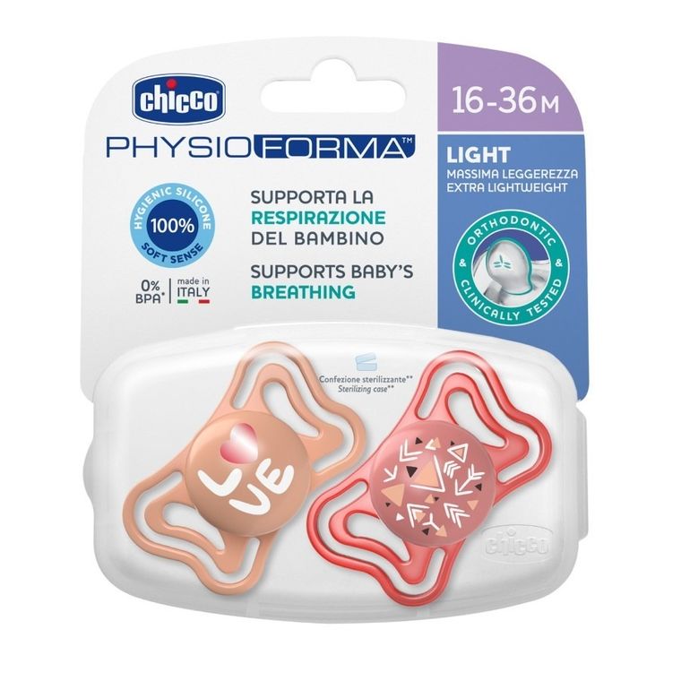 Chicco, Physioforma Light, suzeta din silicon, roz, 16-36 m, 2 buc.