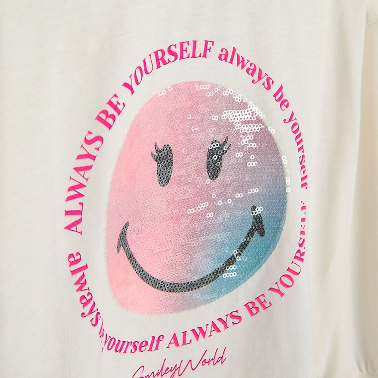 Cool Club, Bluza cu maneca lunga pentru fete, oversize, ecru, imprimeu SmileWorld