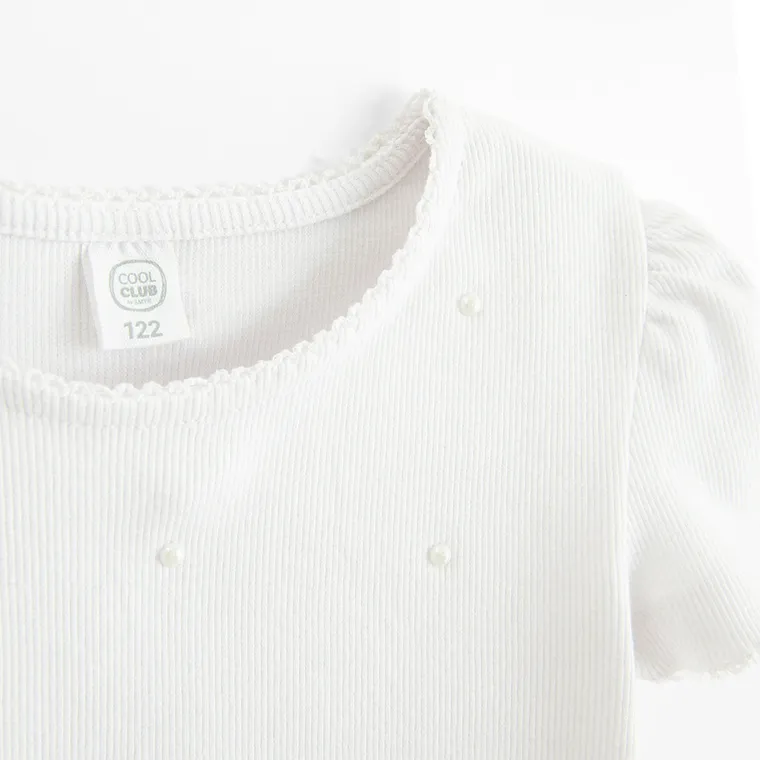 Cool Club, Bluza cu maneca scurta pentru fete, din tricot striat, alb