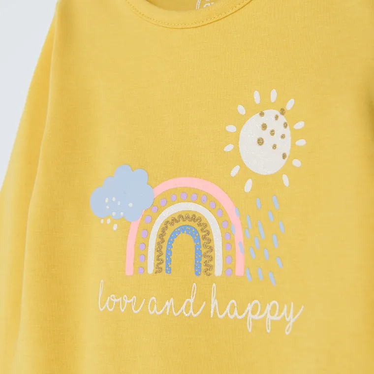 Cool Club, Body cu maneca lunga pentru fete, galben, imprimeu Love and happy