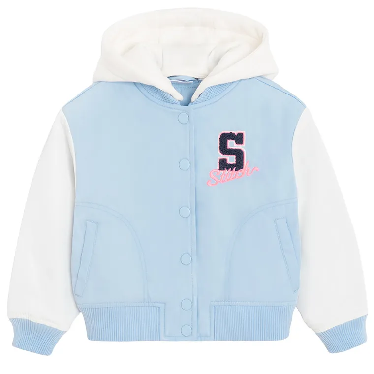 Cool Club, Geaca de baseball cu gluga pentru fete, albastru, imprimeu Lilo si Stitch