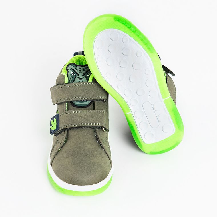 Cool Club, Ghete cu lumini led pentru baieti, culoare kaki, cu branturi de piele