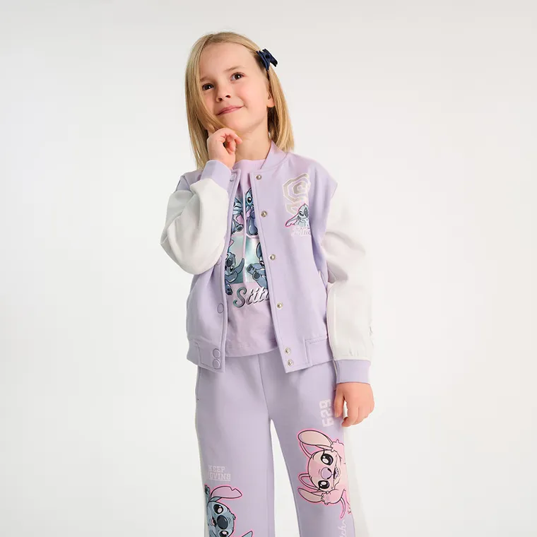 Cool Club, Pantaloni trening pentru fete, wide, violet, imprimeu Lilo si Stitch