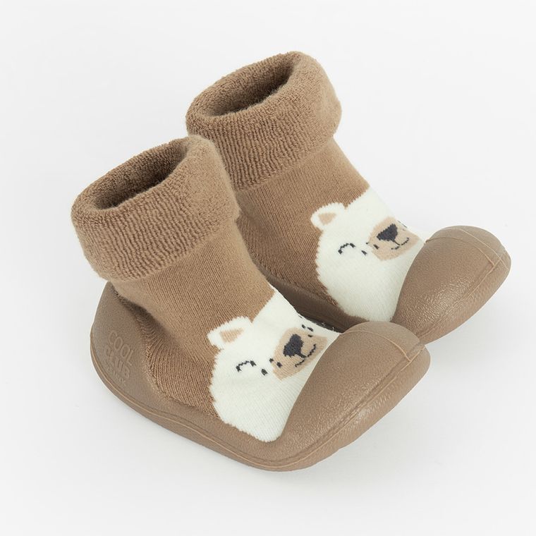 Cool Club, Papuci de casa tip soseta pentru copii, maro, talpa Barefoot