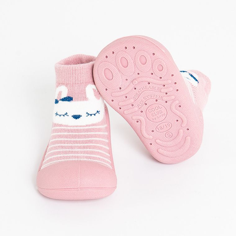 Cool Club, Papuci de casa tip soseta pentru fete, roz, imprimeu iepurasi