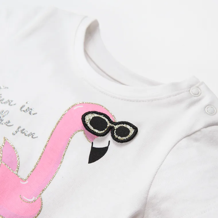 Cool Club, Rochie cu maneca scurta pentru fete, alb-roz, imprimeu flamingo