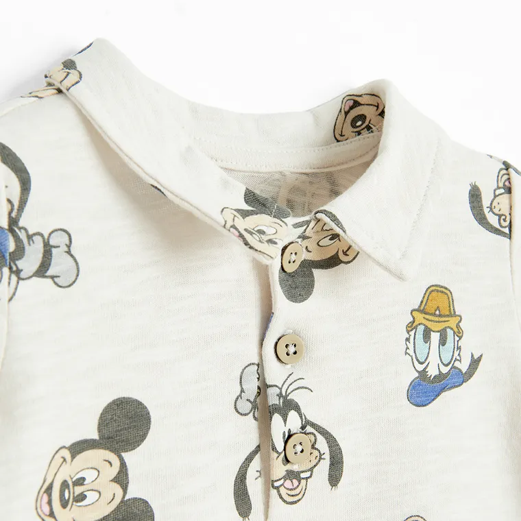 Cool Club, Salopeta rompers pentru baieti, bej, imprimeu Mickey Mouse