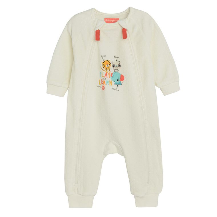 Cool Club, Set pentru bebelusi, Pijama tip salopeta, Caciula, ecru, imprimeu Fisher-Price