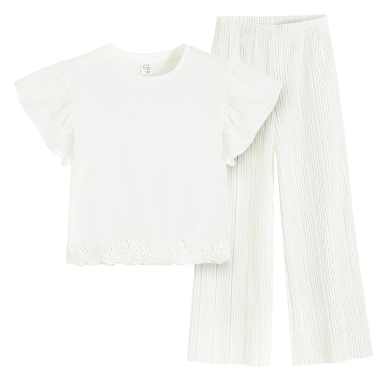 Cool Club, Set pentru fete, Bluza cu maneca scurta, Pantaloni din textil, wide, alb