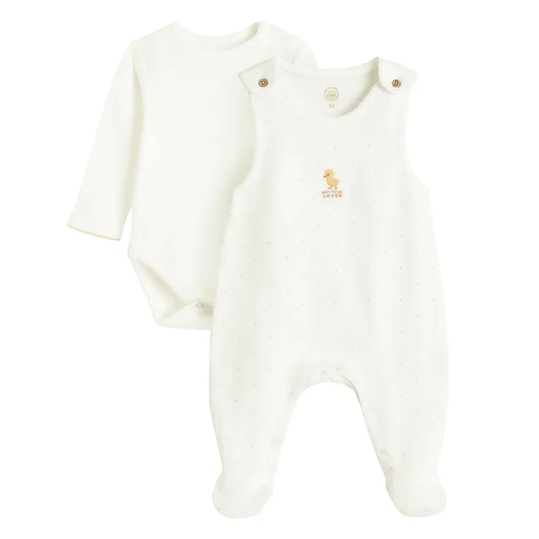 Cool Club, Set pentru fete, Body cu maneca lunga, Salopeta cu botosei, alb