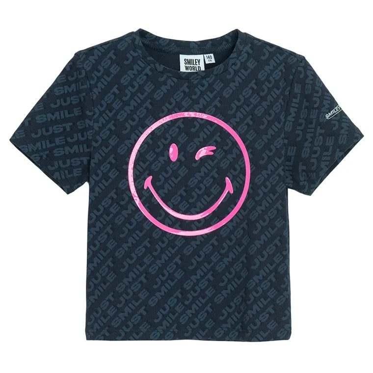 Cool Club, Set pentru fete, Tricou, Colanti scurti, din tricot striat, negru, imprimeu SmileWorld