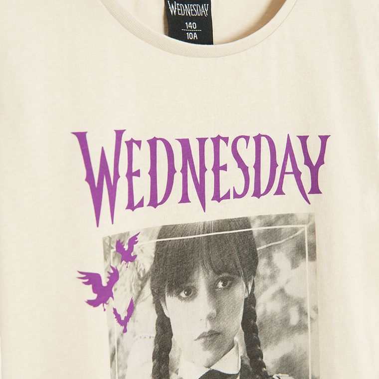 Cool Club, Tricou pentru fete, crop top, bej, imprimeu Wednesday