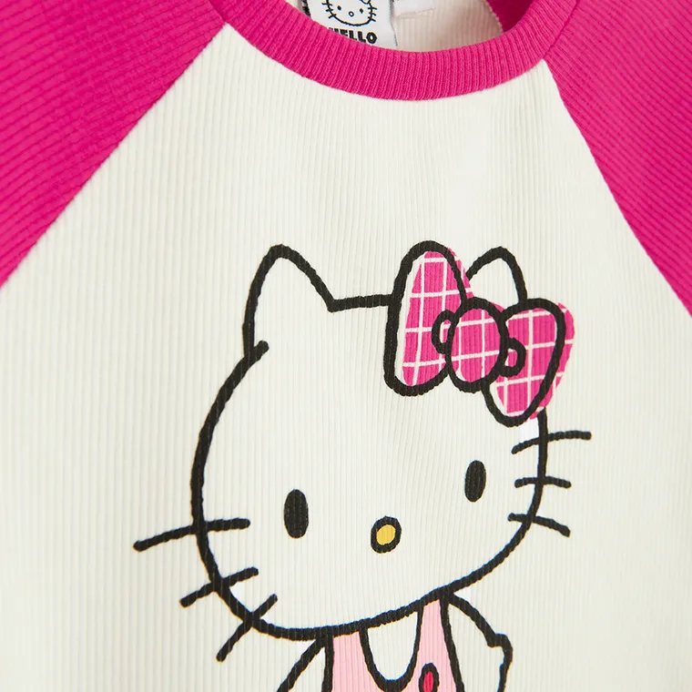 Cool Club, Tricou pentru fete, din tricot striat, alb, imprimeu Hello Kitty