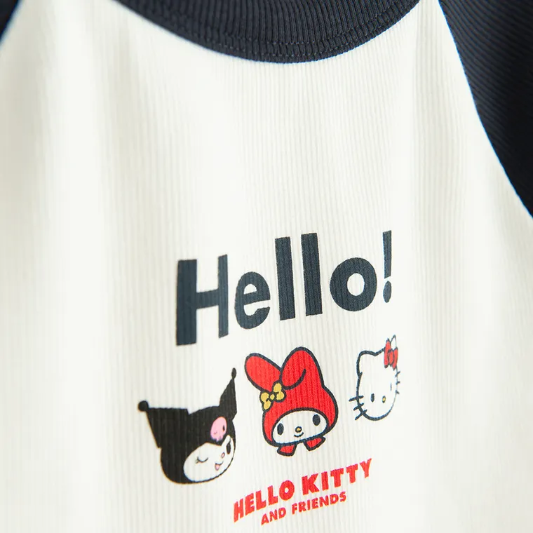Cool Club, Tricou pentru fete, din tricot striat, alb, imprimeu Hello Kitty and Friends