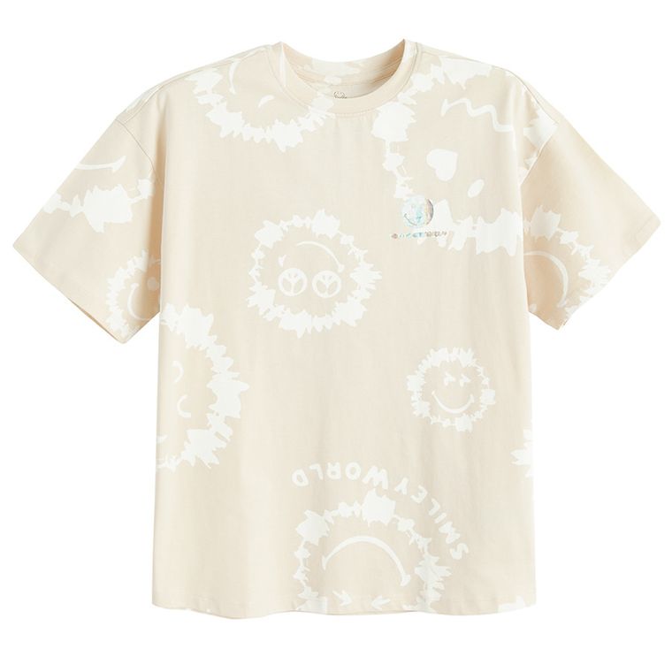 Cool Club, Tricou pentru fete, oversize, bej, imprimeu SmileWorld