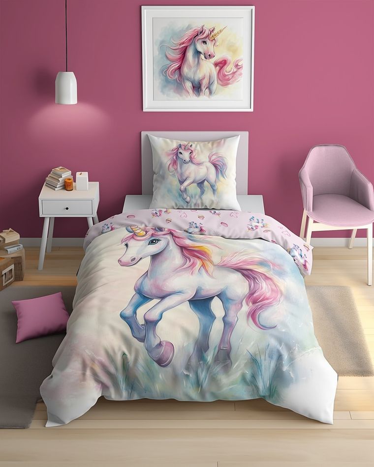 Fluo, set de lenjerie de pat pentru tineri, 140-200 cm + 70-80 cm, Unicorn
