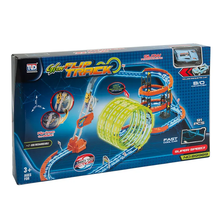 Glow Flip Track, pista de masini care lumineaza in intuneric, set cu vehicul
