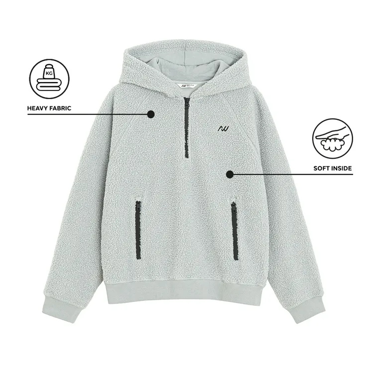 Hanorac sherpa gri cu croiala oversize NOWEAR