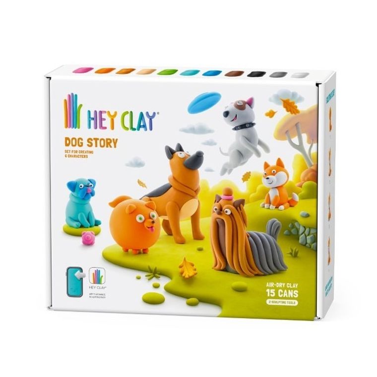 Hey Clay, Dog Story, set creativ, 15 cutii de plastilina
