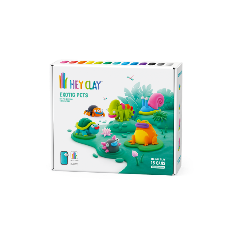 Hey Clay, Exotic Pets, set creativ, 15 cutii de plastilina