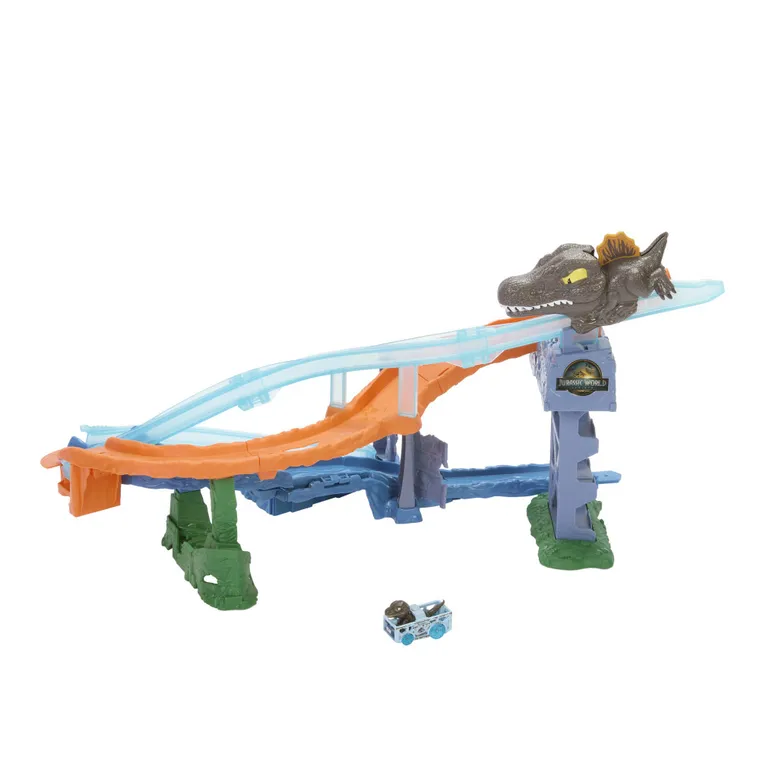 Hot Wheels, RacerVerse Jurassic World, Crash & Splash, set de joaca cu masina