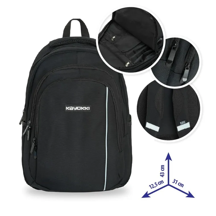 Kayokki, ghiozdan, 2 compartimente, Basic, negru