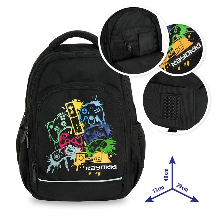 Kayokki, ghiozdan, 2 compartimente, Games, negru