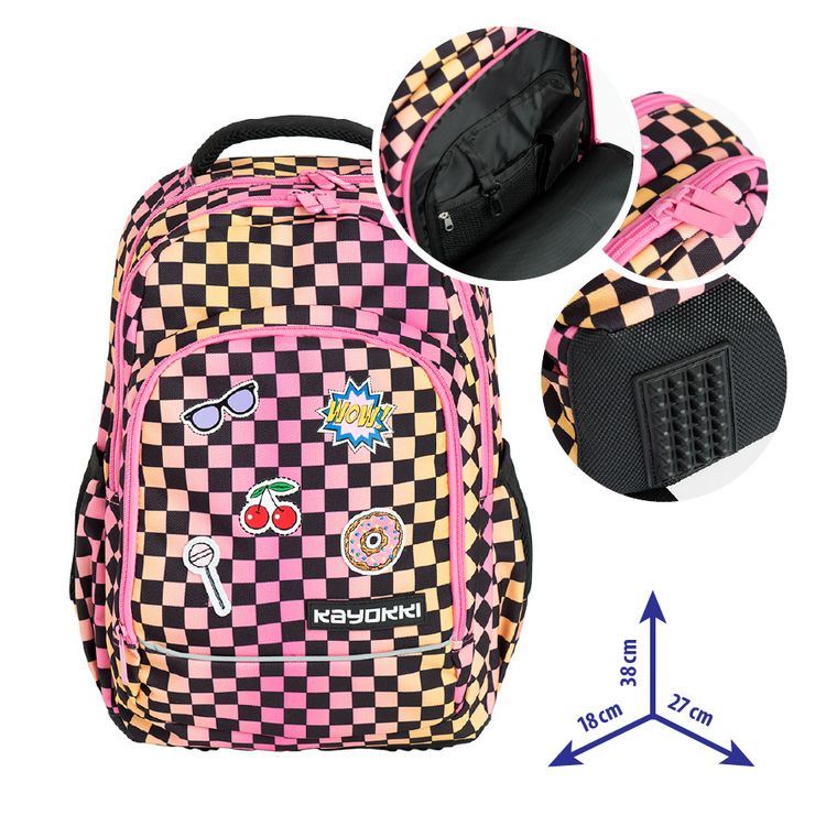 Kayokki, rucsac pentru scoala cu 1 compartiment, carouri roz-portocaliu
