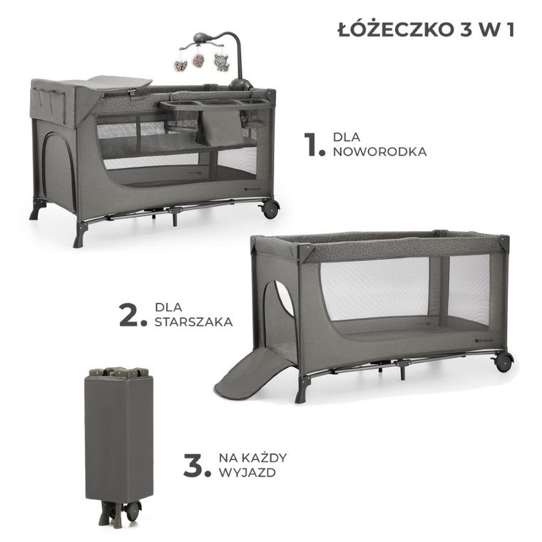 Kinderkraft, Joy 2, patut de volaj cu accesorii, 3in1, Dark Grey