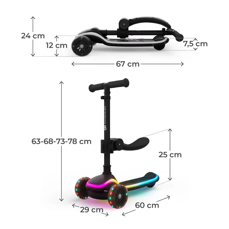 Kinderkraft, RAKET UP, trotineta LED cu 3 roti cu sezut, 2in1, Black