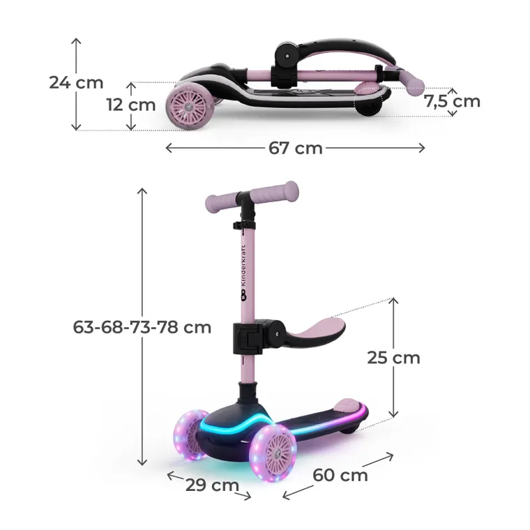 Kinderkraft, RAKET UP, trotineta LED cu 3 roti cu sezut, 2in1, Pink