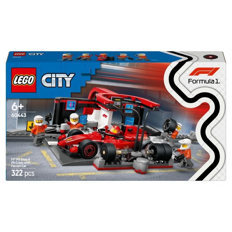 LEGO City, Boxa si mecanici F1 cu masina Ferrari, 60443