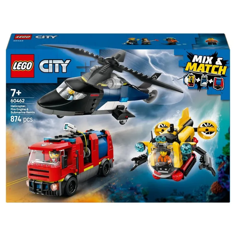 LEGO City, Elicopter, autospeciala de pompieri si submarin in versiuni remixate, 60462
