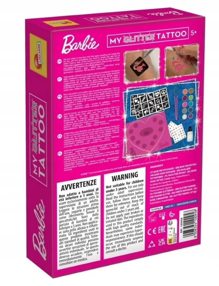 Lisciani, Barbie, My Glitter Tattoo, set creativ