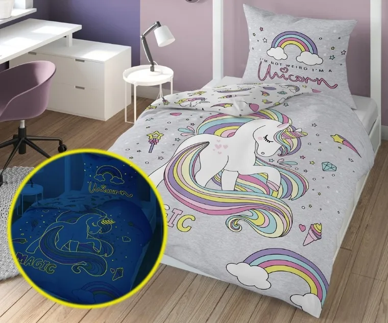 Magic Unicorn, set lenjerie de pat single, fluo, 140-200 cm
